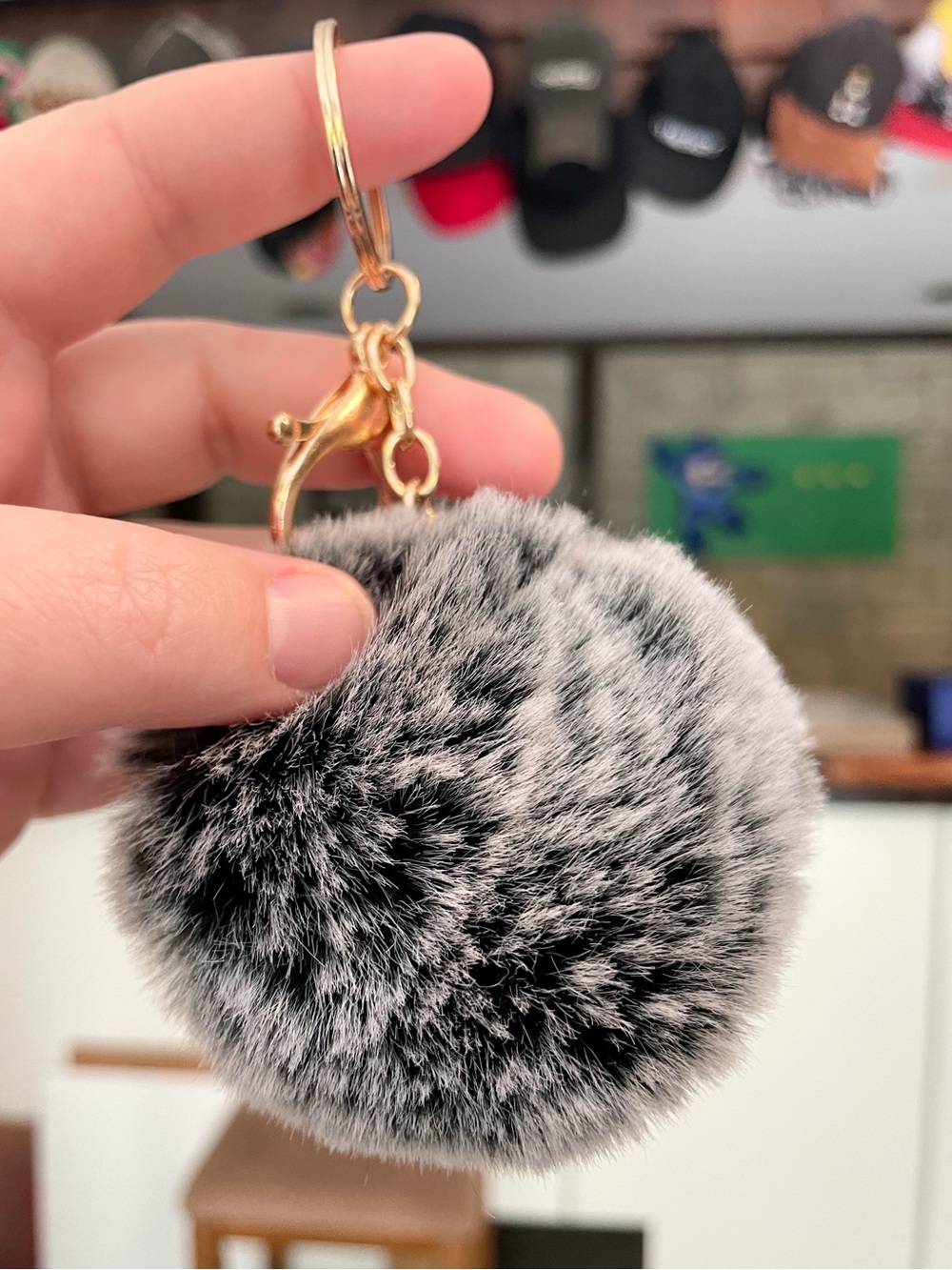 Faux Fur Pom-Pom Keychain Purse Bag Backpack Charm Keyring - Black